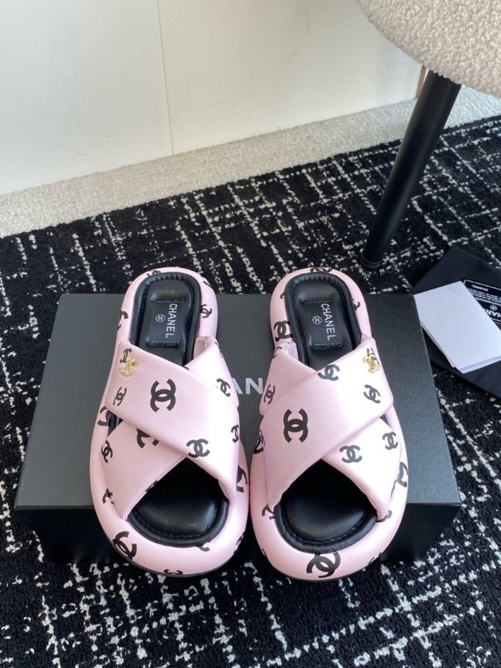 Chanel Pink CC Print Crisscross Slide Sandals